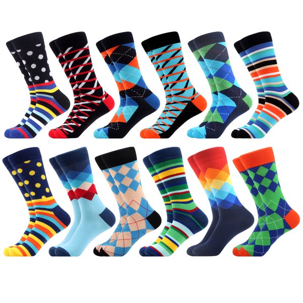 WeciBor Men's Dress Colorful Geometry Striped Casual Combed Cotton Crew Socks 12 Packs