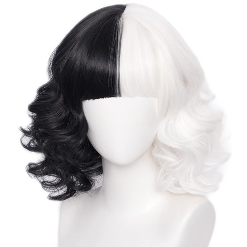 LABEAUTÉ Black and White Wig with Bangs Short Curly Wavy Hair for Kids Women Girls 2021 Two Tone Half and Half Party Halloween Wig + Free Cap