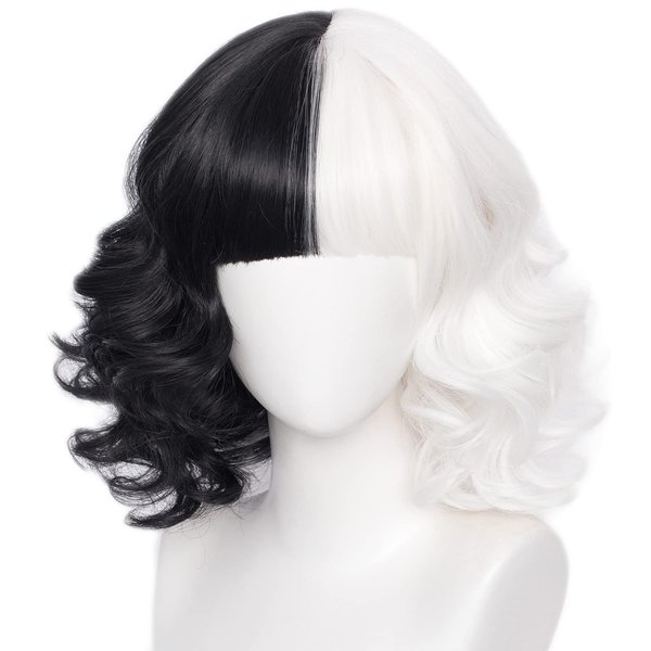 LABEAUTÉ Black and White Wig with Bangs Short Curly Wavy Hair for Kids Women Girls 2021 Two Tone Half and Half Party Halloween Wig + Free Cap