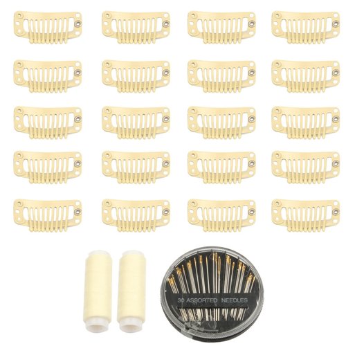 30pcs 9 Teeth Stainless Steel Snap Comb Wig Clips, Hair Extension Clips, Wig Accessories Clip with 30 Assorted Sewing Needles and 2 Rolls Thread (Beige)