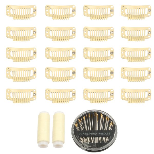 30pcs 9 Teeth Stainless Steel Snap Comb Wig Clips, Hair Extension Clips, Wig Accessories Clip with 30 Assorted Sewing Needles and 2 Rolls Thread (Beige)
