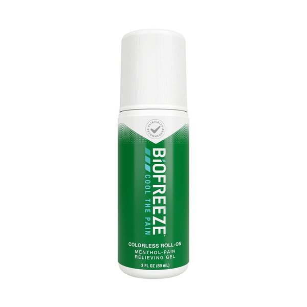Biofreeze Roll-On Pain-Relief Gel 3 FL OZ, Colorless Topical Pain Reliever For Sore Muscles, Joint Pain, Simple Backaches, Strains, Bruises, & Sprains (Package May Vary)