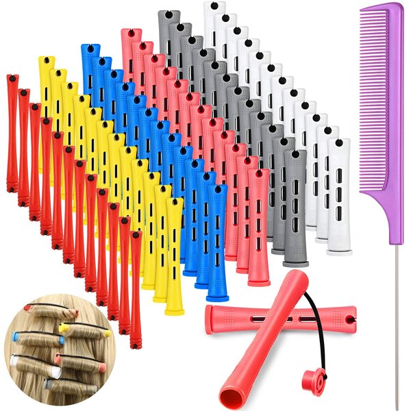 WILLBOND 72 Pieces Hair Perm Rods Set, Short Plastic Perming Rods Cold Wave Rods 6 Sizes Hair Curling Rollers with 1 Piece Steel Pintail Hair Comb for Hairdressing Hair Styling