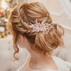 PTORIZNY Wedding Rhinestone Hair Comb Crystal Bride Hair Combs Flower Side Hair Combs Leaf Headpiece Bridal Hair Accessories for Women (Rose gold)