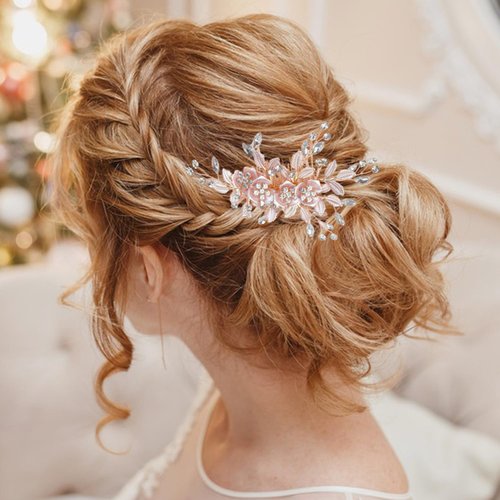PTORIZNY Wedding Rhinestone Hair Comb Crystal Bride Hair Combs Flower Side Hair Combs Leaf Headpiece Bridal Hair Accessories for Women (Rose gold)