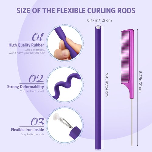 30 Pieces Flexible Curling Rods Twist Foam Hair Rollers Soft Foam No Heat Hair Rods Rollers and 1 Steel Pintail Comb Rat Tail Comb for Women Girls Long and Short Hair (Purple, 9.45 x 0.47 Inch)