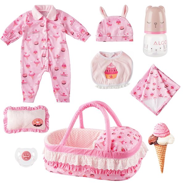 9 PCS Reborn Baby Doll Clothes Set Dessert Theme with Bassinet for 17-22 Inch Dolls Baby Doll Clothes Outfit Accessories Set Fit Baby Doll Girl Boys, Pink