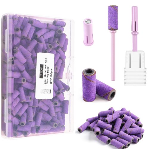 heemeei Small Sanding Bands for Nail Drill, 100Pcs Mini Sanding Bands 180 Medium Grits with Upgrade Design 3.1mm Mandrel Bits for Acrylic Nails Gel Manicures and Pedicure (Purple)