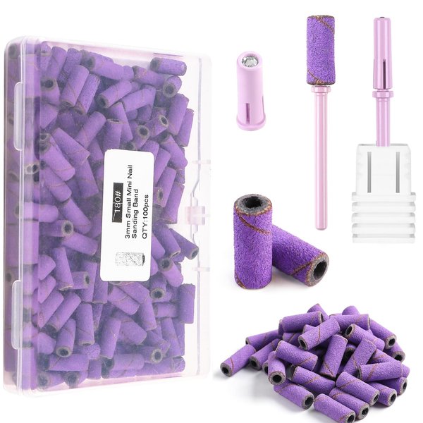 heemeei Small Sanding Bands for Nail Drill, 100Pcs Mini Sanding Bands 180 Medium Grits with Upgrade Design 3.1mm Mandrel Bits for Acrylic Nails Gel Manicures and Pedicure (Purple)