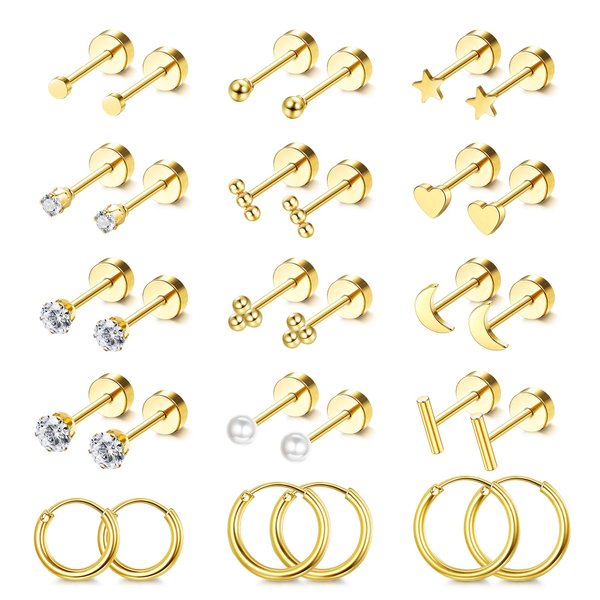 LOLIAS Small Hypoallergenic Flat Back Stud Earrings for Women Men 14K Gold Plated Surgical Stainless Steel Earring Sets Tiny Screw Back Cartilage Earring (Gold)