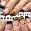 Black French Tips Press on Nails Short Square Thanksgiving False Nails 24Pcs Glossy White Curve Line Acrylic Fake Nails Gel Glue on Nails for Manicure Leaves Stick on Nails for Coquette Women Girls