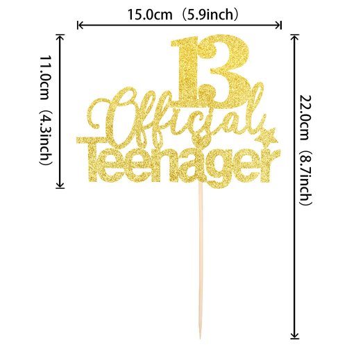 1 PCS 13 Official Teenager Cake Topper Glitter 13th Birthday Cake Pick Decorations for Teen 13th Birthday Party Supplies Gold