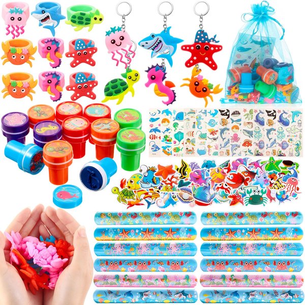 Under the Sea Party Favors Ocean Sea Animals Themed Party Supplies for Boys Girls, Bracelet Tattoo Sticker Stampers Keychain Ocean Sea Goodie Bag Fillers for Birthday Party Classroom Rewards (144 Pcs)