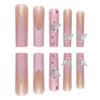 24Pcs Long Square Press on Nails Pink French Tip Fake Nails Silver Rhinestones with Flower Full Cover Tips Glue on Nails Artificial Acrylic False Nails Butterfly Charms Design for Women Nails Designs