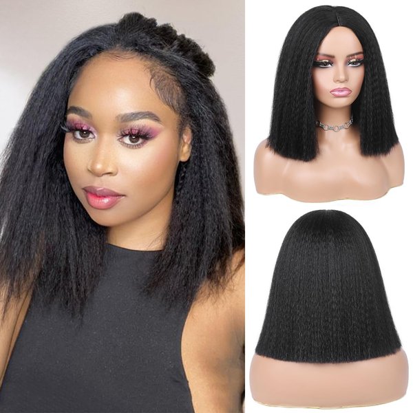 HANNE Kinky Straight Wig for Black Women Short Bob Kinky Wigs 12 Inch Yaki Wigs Ready Wear and Go Wig Kinky Straight Synthetic Wig (1B#)
