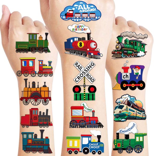 8 Sheets (96PCS) Train Temporary Tattoos Trains Transportation Theme Birthday Party Supplies Decorations Favors Decor Stickers For Kids Gifts Classroom School Prizes Rewards