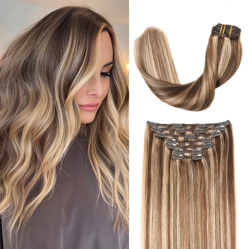 Sindra Hair Extensions Real Human Hair Clip ins 140G Thick Hair Chocolate Brown with Caramel Blonde Clip in Hair Extensions Real Human Hair Extensions Clip ins Full Ends 14Inch 7Pcs(thick#4P27 14inch)