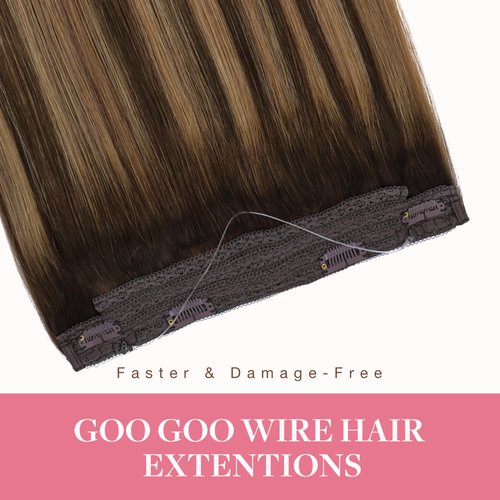 GOO GOO Wire Hair Extensions Human Hair, 4/27/4 Chocolate Brown with Caramel Blonde Balayage 18inch 95g, Invisible Wire Hair Extensions with Transparent, Seamless Fish Line Hairpiece
