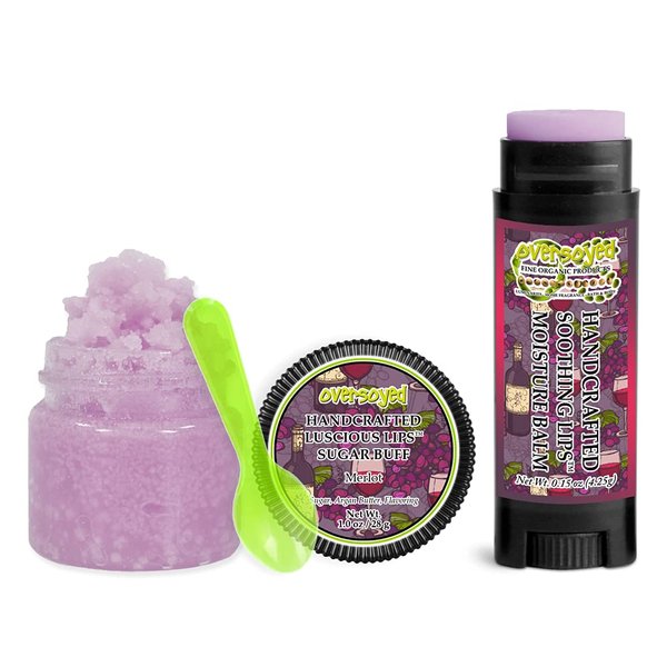Merlot Soothing & Luscious Lips by OverSoyed Exfoliator & Chapped Lip Repair Lip Care Combo | Artisan Handcrafted to Order Wine Fruity Merlot Grape Wild Berries Raspberry Floral Flavored Exfoliating Sugar Lip Scrub & Lip Moisturizer Balm Gift Set
