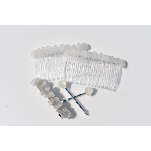 Genuine Surf Tumbled Frosted White Sea Glass Hair Clip Set - Includes 2 Hair Combs, 1 60 mm French Barrette, 2 Hair Pins
