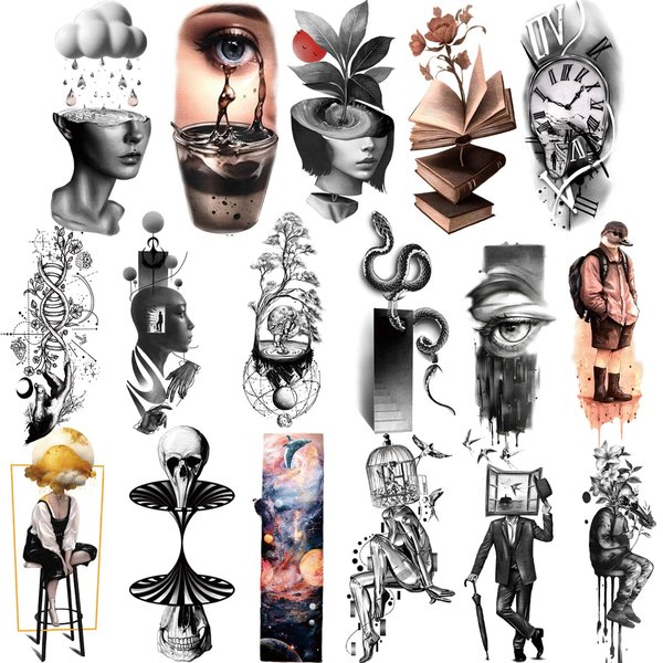 Temporary Tattoos for Adult Men And Women, 77 Sheets Abstract Style Fake Tattoo Stickers, Snake Tears, Clocks, Planets, Meditation Pattern Tattoos for Teens Kids