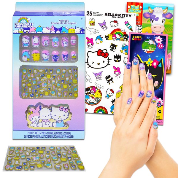 Hello Kitty and Friends Press-On Nails for Kids - Bundle with 12 Hello Kitty Stick-On Nails Plus Nail Art Stickers, More | Hello Kitty Nail Kit for Girls