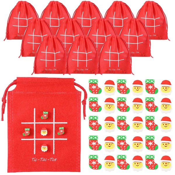 Pasimy 40 Set Christmas Party Favors Tic Tac Toe Game Set Includes 40 Drawstring Gift Bags 400 Mini Eraser Game for Girls Boys Festival Outdoor Travel Classroom Family Supplies(Santa Claus,red)