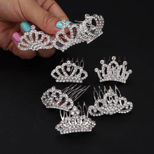Chargances 8 PCS Mini Crystal Princess Headband Hair Comb Shiny Silver Rhinestone Headband with Comb Wedding Hair Dectoration for Little Girls Birthday Party