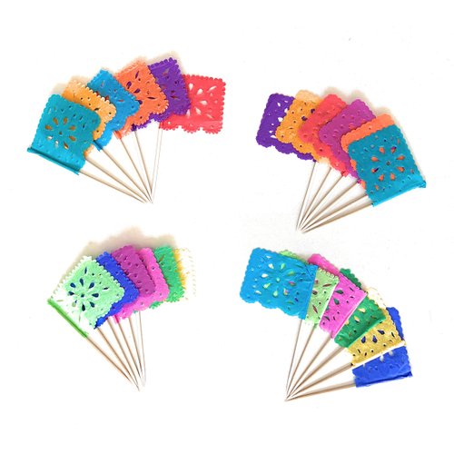 Set of 24 Pcs Multi-Colored Mini Mexican Paper Papel Picado Tissue Banner Flags Banderita s Fiesta Party Decorations Cupcake Topper Party Banderines Flower Design