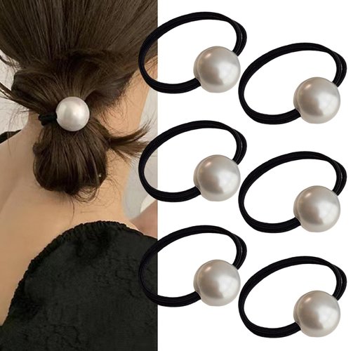 6PCS Pearl Hair Tie White Pearl Hair Scrunchies for Women Pearl Ponytail Holder Hair Ropes Single Pearl Elastic Hair Ties Pearl Hair Accessories for Women Thick Hair High Ponytail (White Pearl 6P)