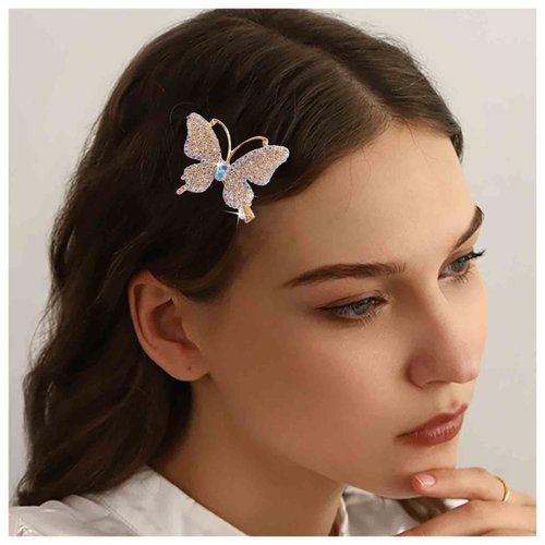 Iaceble Sparkly Rhinestone Butterfly Hair Clip Barrette Crystal Butterfly Side Clip Hairpin Gold Cz Butterfly Hairpin Clips Bridal Weddings Hairclips Decorative Hair Accessories for Women