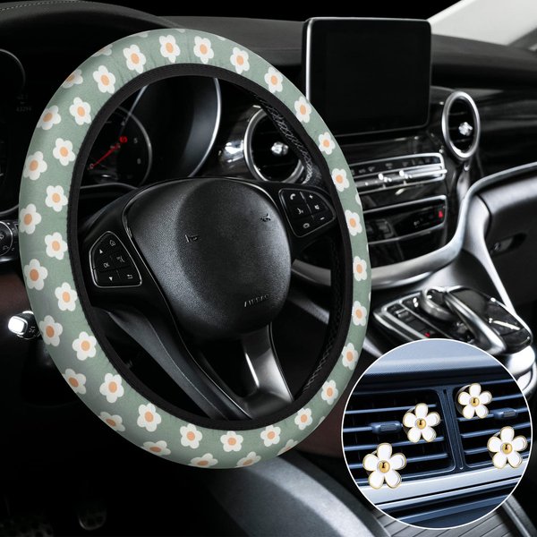 Frienda Cute Steering Wheel Cover Flower Steering Wheel Cover Floral Steering Wheel Cover for Girls with 4 Pieces Cute Flowers Car Air Vent Clips for Women Girls Car Decorations(Fresh Pattern)