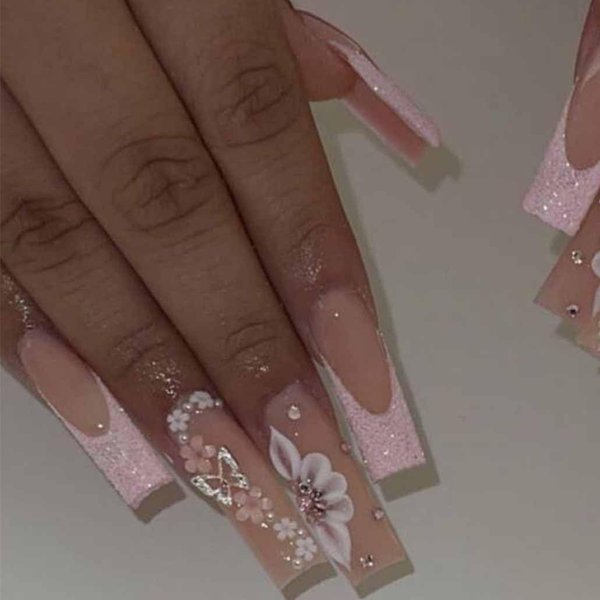 Foccna Pink French Press on Nails Long 3D Butterfly Fake Nails Coffin Bling Glossy Rhinestone False Nail Tips Artificial Nails Finger Manicure for Women and Girls,24pcs