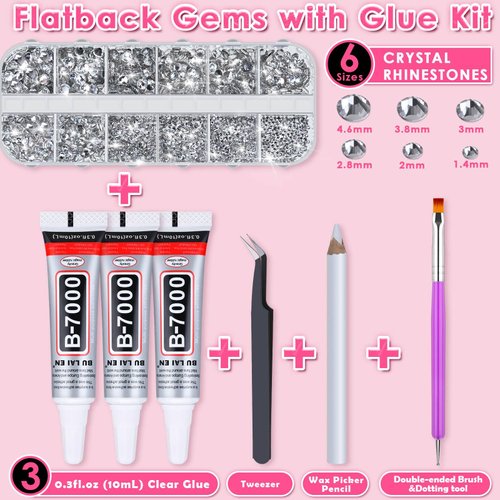 B7000 Jewelry Adhesive Glue with Rhinestones for Crafts, Audab 2100Pcs Flat Back Gems Crystal Rhinestones with Tweezer Dotting Tools Clear Glue for DIY Clothes Fabric Shoes Jewelry Making Nail Art