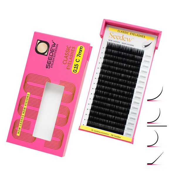 SEEDEW Classic Individual Eyelash Extensions, 7mm C Curl 0.15mm 16 Rows/Tray, Single Natural Soft Lightweight Short Bottom Lashes Grafting Supplies for Lash Artists Salons (Matte Black-0.15-C-7mm)