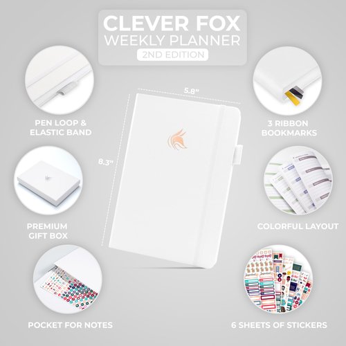 Clever Fox Planner 2nd Edition – Colorful Weekly & Monthly Goal Planner, Time Management & Productivity Organizer, Undated, A5 (White)
