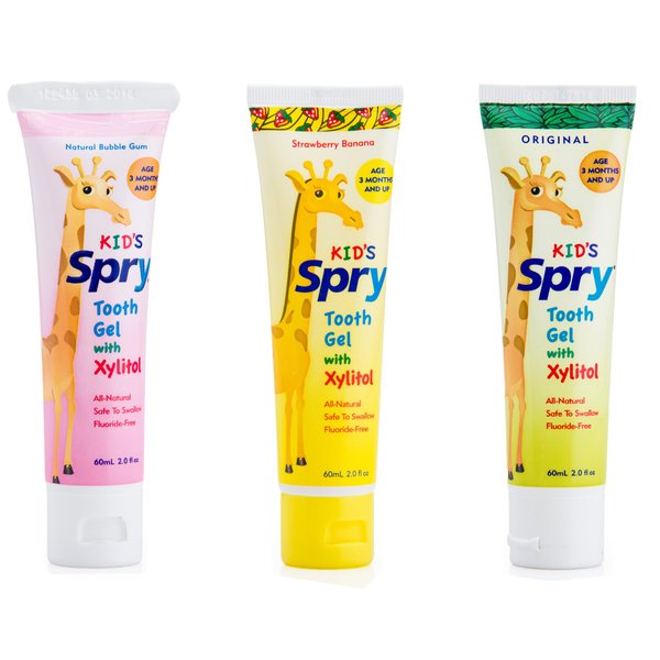 Spry Xylitol Baby Toothpaste, Natural Toddler Toothpaste, Fluoride Free Toothpaste, Xylitol Toothpaste for Kids Age 3 Months and Up, Strawberry Banana, Bubblegum, Original, 2 Fl Oz (Pack of 3)