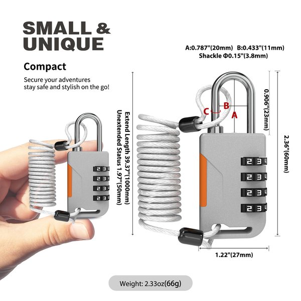 UP Security 4 Digit Combination Padlock with Retractable Cable (36in), Ski Lock, Combo Cable Lock for Snowboard, Travel Luggage, Suitcase, Bike, Gym Locker, Cabinet, Fridge, Refrigerator Door (Gray)