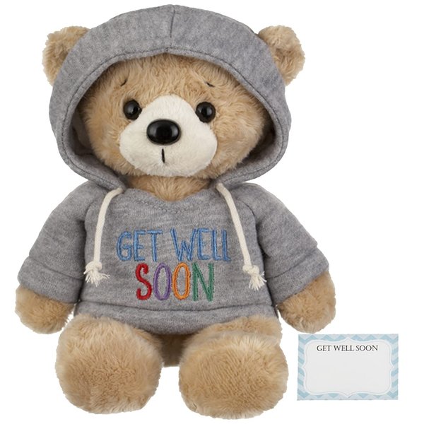 Get Well Teddy Bear with Gray Hoodie 9 Stuffed Animal Plushie Doll for Comfort and Love with Get Well Soon Card (White Nose)