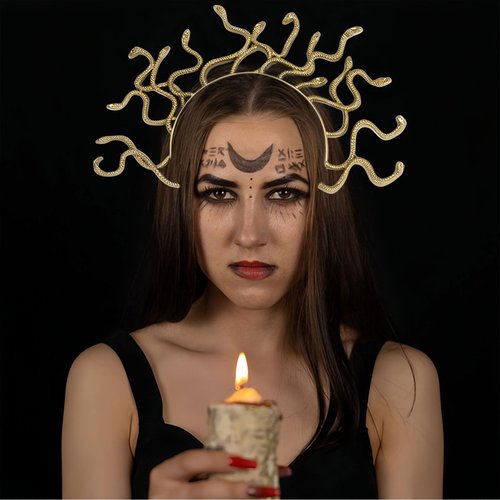 HIFANMM Halloween Headband Snake Hair Bands for Women Girls, Shiny Horrible Hydra Medusa Hair Accessories, Halloween Decor Costume Party Supplies Day of the Dead Headbands (Gold, standard)