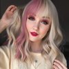 Blonde Wigs with a Purple Pink Streak Blonde and Pink Wavy Wigs With Bangs Shoulder Medium Length Synthetic Wig For Women Curly Wavy Halloween Cosplay Wig for Girl Costume Wigs(12"Blonde Mixed Pink)