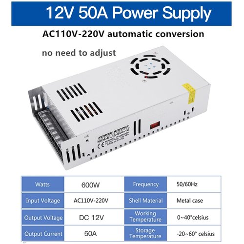 DC 12V 50A 600W Power Supply Adapter Transformer Switch AC 110V / 220V to DC 12V 20amp Switching Converter LED Driver for LED Strip Light CCTV Camera Security System Radio,Computer Project,3D Printer