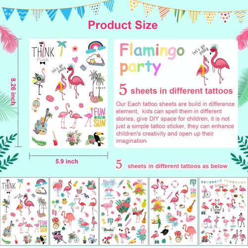 Leesgel 115pcs Hawaiian Luau Flamingo Temporary Tattoos for Kids, Flamingo Party Supplies Favors Decorations, Hawaiian Tropical Pool Beach Tattoo Stickers for Boys Girls