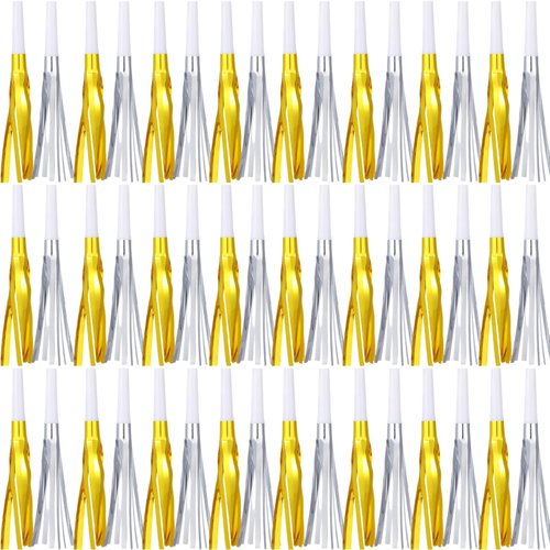 LCPQMZGH Metallic Fringed Noise Makers, 48 Pcs, Gold White, Silver White, for Noise Makers Party Favors, Baby Shower, Kids Birthday, New Year Party