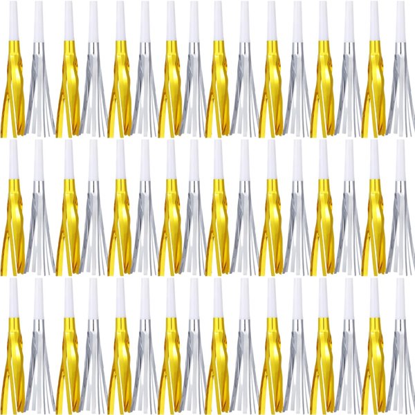 LCPQMZGH Metallic Fringed Noise Makers, 48 Pcs, Gold White, Silver White, for Noise Makers Party Favors, Baby Shower, Kids Birthday, New Year Party