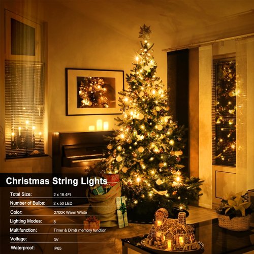 DBFAIRY 2 Pack-16.4ft Outdoor Christmas Tree String Lights 50 Warm White LEDs Battery Operated with Remote Control Green Cable 8 Modes Changing for Bedroom Party Xmas Patio Decor