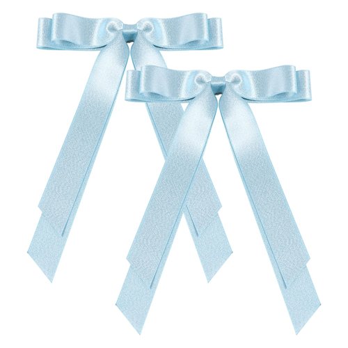 2Pcs Tassel Ribbon Hair Bows Clip with Long Tail for Women Girls Thick Thin Hair,5.5in Big Light Blue Solid Silky Satin Ribbon Ponytail Holder Outfits Dress Decoration Accessories