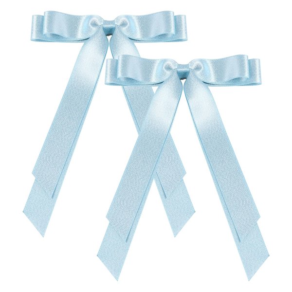 2Pcs Tassel Ribbon Hair Bows Clip with Long Tail for Women Girls Thick Thin Hair,5.5in Big Light Blue Solid Silky Satin Ribbon Ponytail Holder Outfits Dress Decoration Accessories