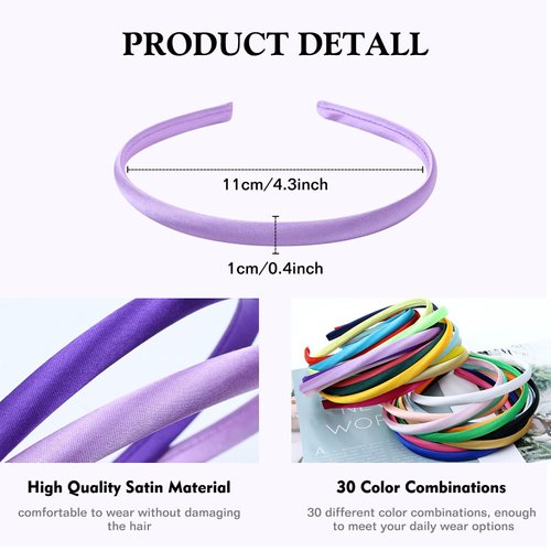 Cinaci 30 Pieces Candy Color Width 1cm/0.4" Thin Plastic Headbands Satin Covered Blank Plain DIY Craft Headbands for Women Girls Teens Kids