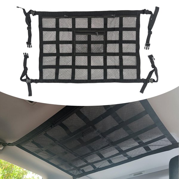 gunhunt 1 PC Car Roof Storage Mesh Bag, 31.5" x 21.3" Reinforced Load Bearing Adjustable to Avoid Sagging Double Layer Mesh Storage Bag, Ceiling Net Long Trip Organizer, Universal for Cars (Black)